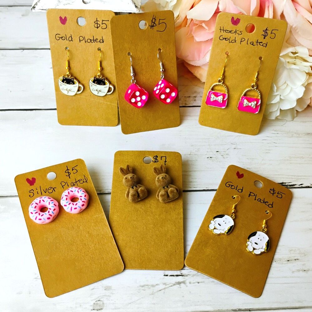 6 Pair Novelty Earrings Dice, Snoopy, Cat, Donut, Rabbit Reseller Lot/Bundle